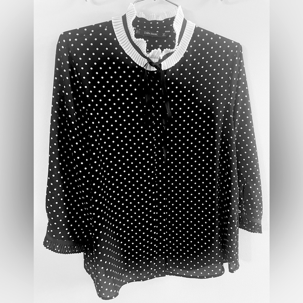 Zara Black Polka Dot Blouse with White Trim